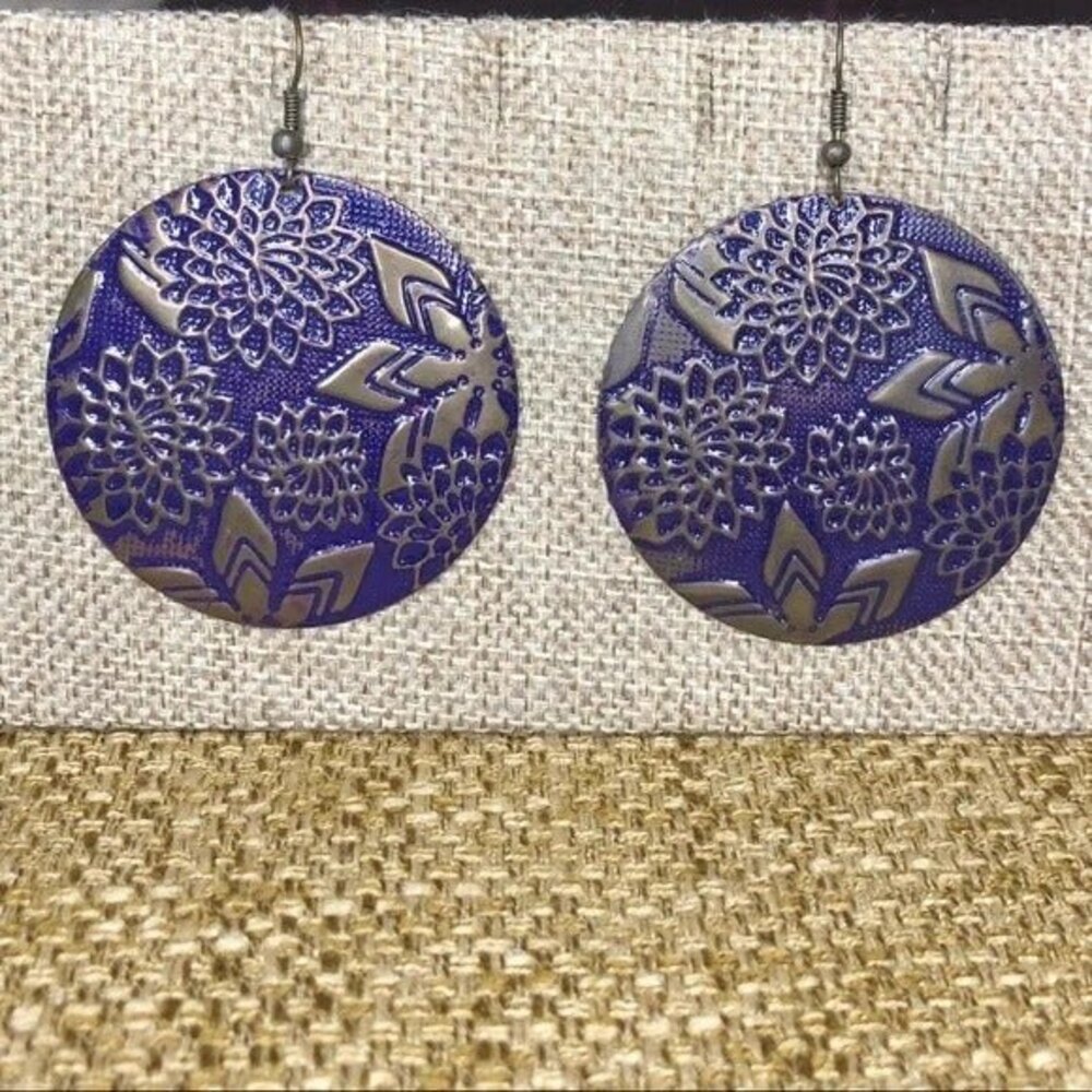 Lightweight Purple & Gold Stamped Metal Pierced Fish Hook Earrings